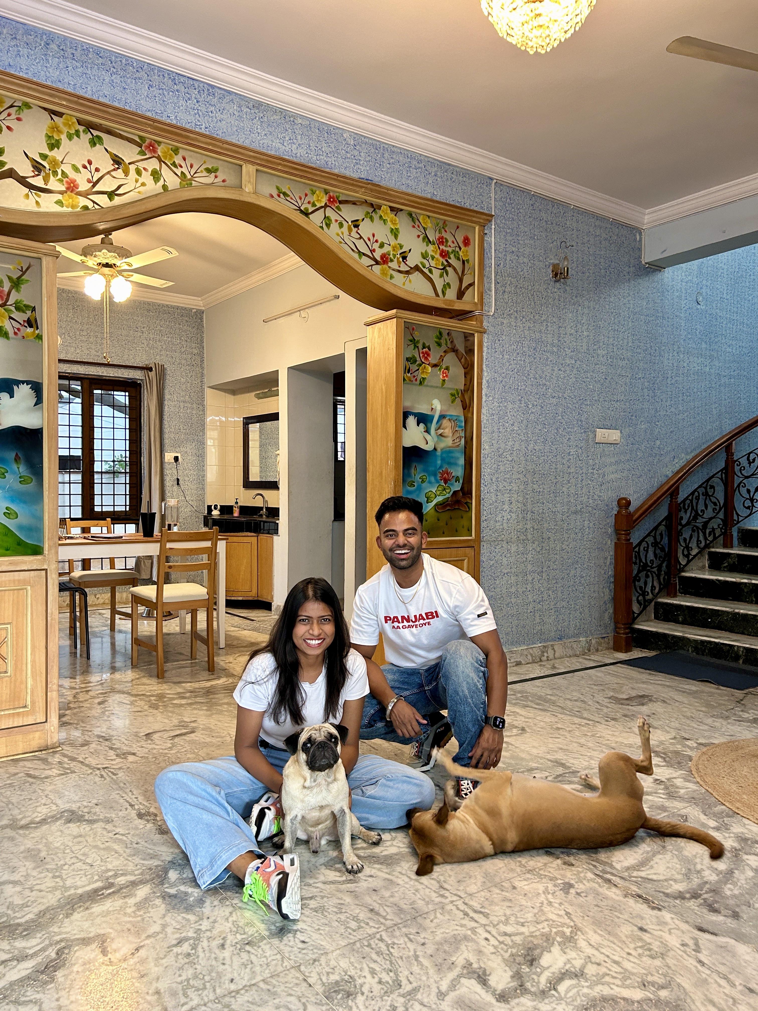 Rhea & Joshua at home with Ragnar and Gigi